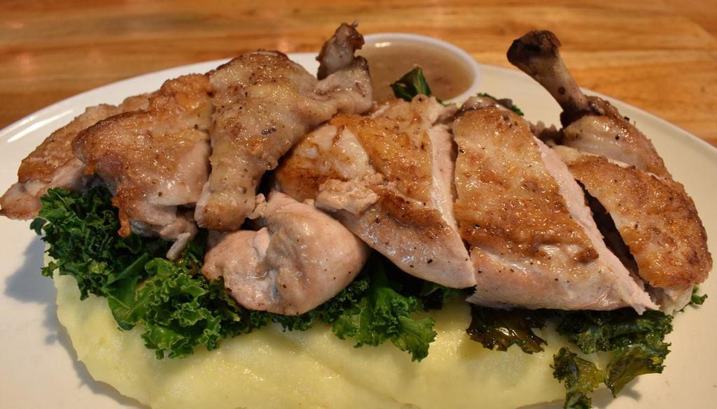 Chicken Mash Kale · Grilled boneless half chicken, mashed potatoes, sautéed kale, mushroom-red wine sauce.