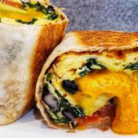 Veggie Breakfast Burrito · Scrambled eggs, black beans, pico de gallo, avocado, spinach, cheddar cheese on wrap.
- Vege...