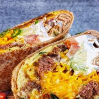 Breakfast Beyond Burrito · Beyond ground non-meat, scrambled eggs, avocado, Pico de gallo & cheddar cheese on whole whe...