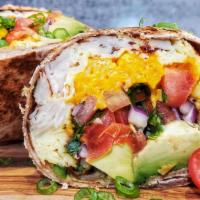 Turkey Breakfast Burrito · Smoked turkey, scrambled eggs, pico de gallo, avocado & cheddar cheese on a whole wheat wrap.