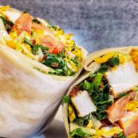 Santa Fe Chicken Wrap · Grilled chicken, mixed green, tomato, crispy bacon, cheddar cheese & ranch dressing.