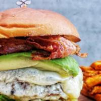 California Burger Deluxe  · 8oz angus beef served with avocado, bacon, cheddar cheese lettuce, tomatoes onions, pickles ...