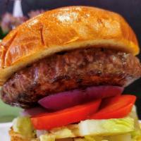 Plain Burger Deluxe · 8oz angus beef served with lettuce tomatoes onions pickles & French fries on a brioche roll