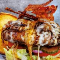 Bbq Burger Deluxe  · 8oz angus beef served with bacon, bbq sauce, sautéed onions, cheddar cheese, lettuce, tomato...