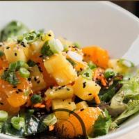 Oriental Salad · Organic baby greens, pineapple, mandarin segments, scallion, carrots, sesame seeds, and ging...