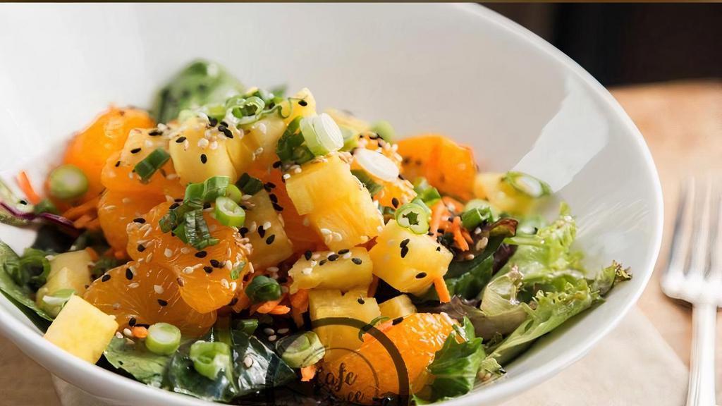 Oriental Salad · Organic baby greens, pineapple, mandarin segments, scallion, carrots, sesame seeds, and ginger dressing.