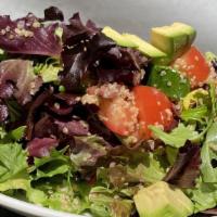Quinoa Salad · Mixed greens, avocado, tomato, cucumber, Kalamata olives, and lemon dressing.