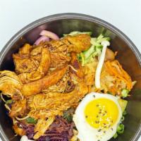 Pulled Spicy Chicken Bibimbap · Pulled spicy chicken ,assorted vegetables(zucchini, carrots, kale, mushrooms) pickled vegeta...