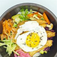 Teriyaki Chicken Bibimbap · Pan fried chicken thigh, assorted vegetables(zucchini, carrots, kale and mushrooms) pickled ...