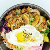 Chicken Bulgogi Bibimbap · Pan fried chicken thigh, assorted vegetables(zucchini, carrots, kale, mushrooms), pickled ve...