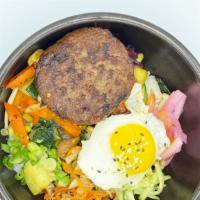 Beyond Burger Bibimbap · Beyond patty, assorted vegetables(zucchini, carrots, kale, mushrooms), pickled vegetables, s...