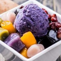 紫薯紅豆芋圓 / Purple Yam Red Bean With Taro Mochi · Purple yam, red bean, grass jelly, taro mochi condensed milk, sago.