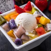 Mix Fruit With Taro Mochi · Mix fruit, Grass Jelly, sago, mango juice, taro sweet mochi, vanilla ice cream.