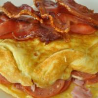 Meat Omelette · Turkey, ham, sausage or bacon, onions, and peppers. Served with home fries and toast.