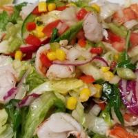 Shrimp Salad / Ens. Camarones · A flavorful and juicy lime cured shrimp mixed greens salad.