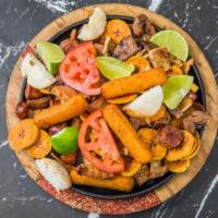Colombian Typical Platter For 2 · Pork loin, beef steak, Colombian sausage, typical potato, salted potato, fried cassava and g...