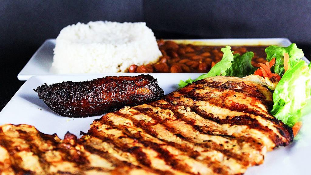 Grilled Chicken Breast · Most popular. Rice, beans, salad, and sweet plantain.