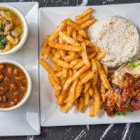 Chicken Coop Platter · 1/4 chicken, rice, beans, chicken broth, french fries and salad.