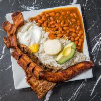 Typical Platter · Most popular. Grilled or ground beef, rice, beans, pork rind, fried egg, sweet plantain, avo...