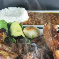 Coop Typical Platter · Most popular. Steak or pork loin, 1/4 chicken, pork rind, rice, beans, sweet plantain, avoca...