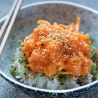 Sichuan Chili Salmon · Scottish salmon, Sichuan and sansho mayonnaise, furikake, kyuri, shoyu daikon, and katsuo pa...