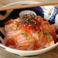 Salmon Ikura Chirashi · Salmon toro, ikura shoyu, shiso, panko, nori and wasabi nigiri shoyu.