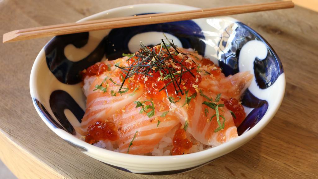 Salmon Ikura Chirashi · Salmon toro, ikura shoyu, shiso, panko, nori and wasabi nigiri shoyu.