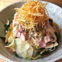 Wasabi Mayo Tuna · Bluefin tuna, wasabi mayonnaise, shichimi, shoyu daikon and shoga.