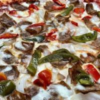 Italian Cheesesteak Pizza · Steak, peppers, onions, mushrooms, provolone cheese, tomato sauce and mozzarella.