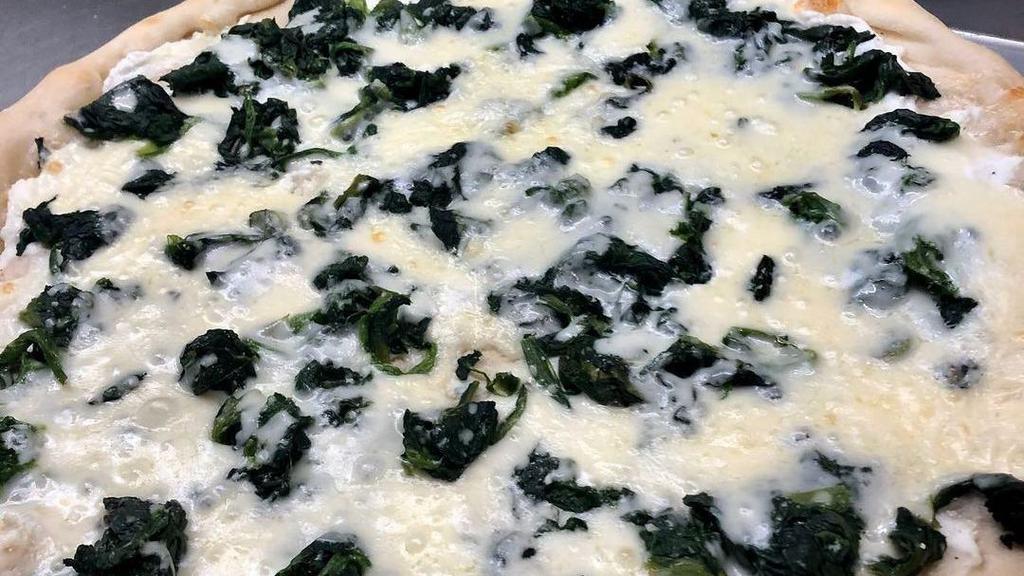 White Pie With Spinach · Ricotta, pecorino cheese, spinach and mozzarella.
