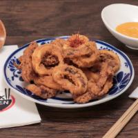 Karaage Calamari · Crispy tempura fried calamari, sweet chili aioli