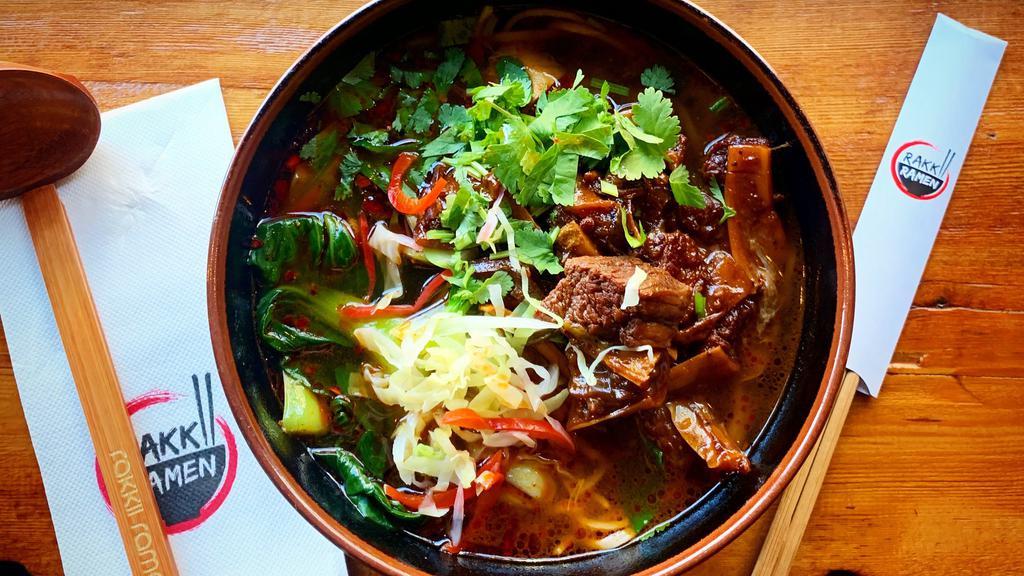 Osaka Beef Noodles · Beef and aromatic vegetable broth, stewed beef, scallions, bok choy and cabbage.