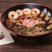 Seafood Udon · Soy dashi broth, scallions, sweet mushrooms, shrimp, mussels, and fishcake.