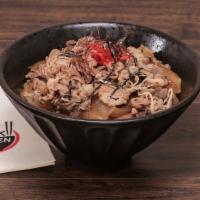 Sukiyaki Don · Marinated beef, caramelized onions, pickled ginger, and scallions. Served over white rice.