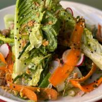 Little Gem Lettuce · Lettuces with shaved radish, cucumber, carrot, fresh herbs tossed in green chili and citrus ...