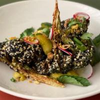 Seeded Avocado With Banana Curry · A half avocado and broccoli coated in sesame seeds and spices and gently flash-fried. Sesame...