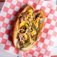 Classic Cheesesteak With Peppers And Onions · Thinly sliced steak, provolone cheese, onions, and peppers stuffed in between fresh-baked br...