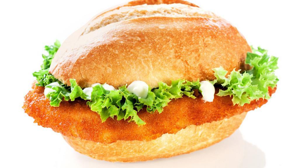 Fish Burger · Juicy Fish burger with lettuce, tomatoes, and onions on our buttery buns.