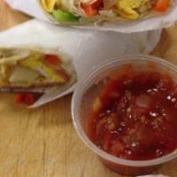 Breakfast Burritos · With cheddar cheese, peppers, onions, and your choice of meat.