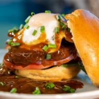 Uncle'S Loco Moco Bacon Burger · Dressed with an over-easy egg, a blanket of bacon and rice smothered in house-made gravy.