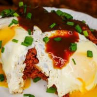 Fried Chicken Loco Moco Plate · Dressed with two over-easy eggs and house-made gravy served over rice.