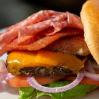 Josh'S Original Grinder Burger · Dressed with a bacon blanket, grilled salami, grilled red onions, fresh cheddar cheese, farm...
