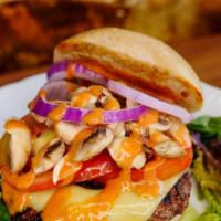 Ultimate Vegan Burger · Popular. Beyond burger patty and oozing vegan cheese with grilled mushrooms and onions, orga...