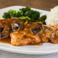 Chicken Madeira · Two chicken breasts sautéed with onions and mushrooms, topped with melted Mozzarella cheese,...