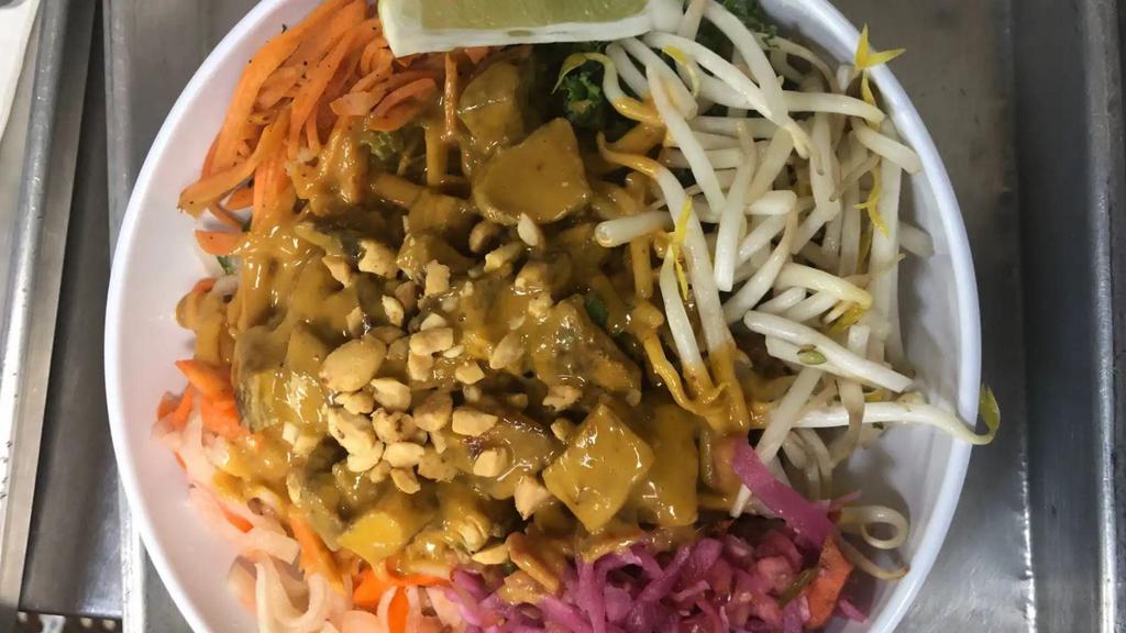 Thai Peanut Bowl · Choice of protein, white, multigrain rice or salad with tamarind peanut sauce, kale, fresh bean sprouts, pickled carrots and daikon sprinkled with roasted peanuts. Served w. lime wedge and a side of fresh Thai chili sauce.