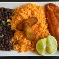 Pescado Frito Special · Fried breaded filet. Yellow rice. Beans. Sweet plantains.