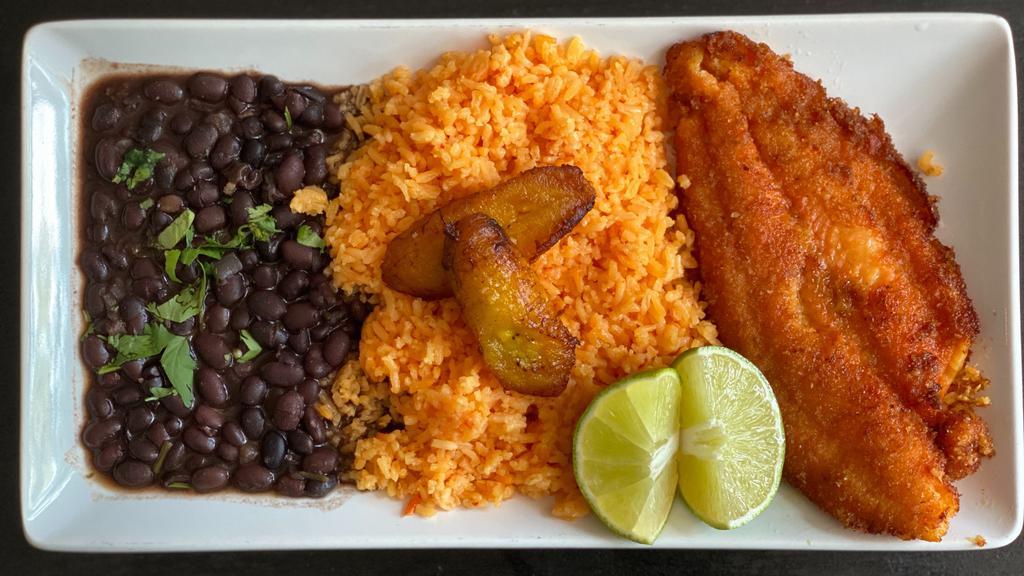 Fried Breaded Fish · Fried breaded filet. Yellow rice. Beans. Sweet plantains.