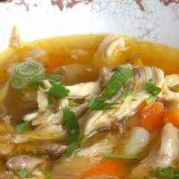 Chicken Soup 16Oz · Chicken soup with potatoes, yucca, carrots, white corn, scallions and cilantro.