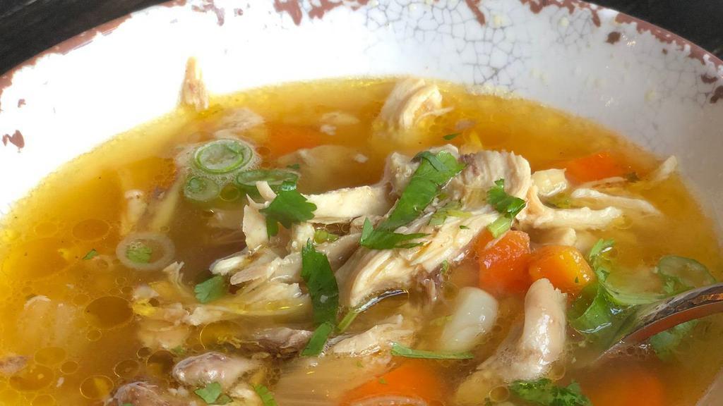 Chicken Soup 16Oz · GLUTEN FREE.Chicken soup with potatoes, yucca, carrots, white corn, scallions and cilantro.