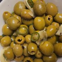 Colossal Green Olives · Garlic and chili.